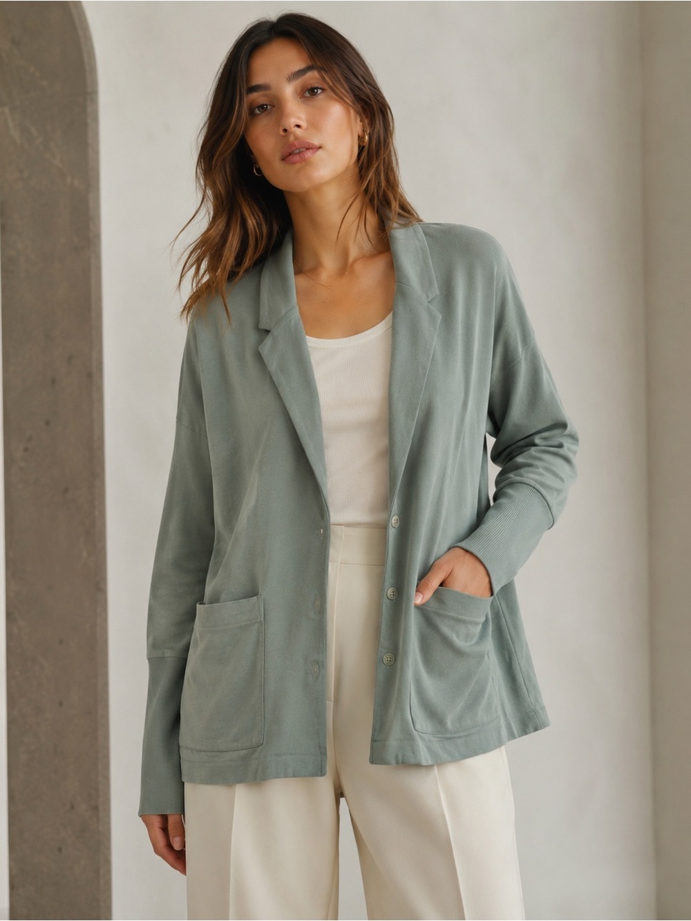 Pact Organic Cotton Knit Blazer Cardigan Sage Green Size M